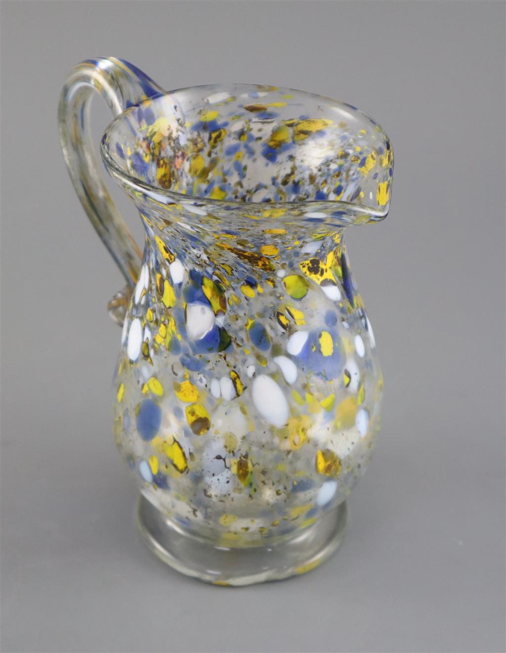 A George III yellow, blue and white marvered glass jug. c.1800, 17.5cm high